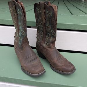 Justin Women's Boots - Brown Leather and Teal Embroidered Heeled Boots